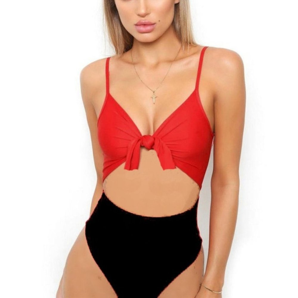 RED/ BLACK CUT OUT TIE FRONT ONE  PIECE SWIMSUIT